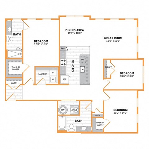 Floor plan for 3 beds, 2 baths, 1582 sqft